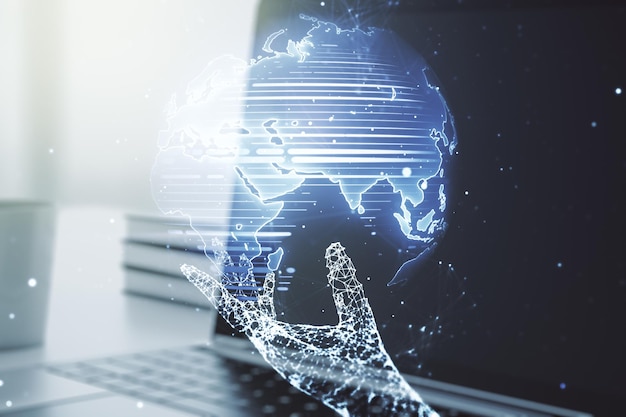 Multi-blootstelling van abstracte grafische wereldkaart op computer achtergrondverbinding en communicatieconcept
