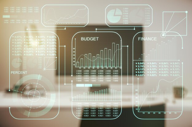 Multi-blootstelling van abstracte statistische gegevensholograminterface op computerachtergrond computer- en analyseconcept