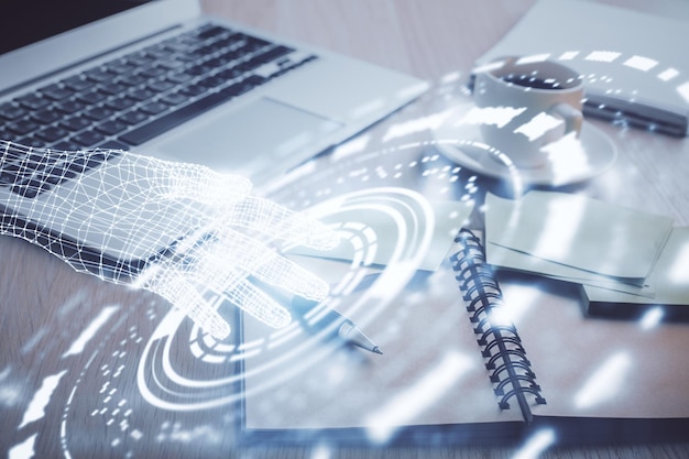 Multi-blootstelling van technologiethema tekenen en bureaublad met koffie en items op tafelachtergrond Concept van dataonderzoek