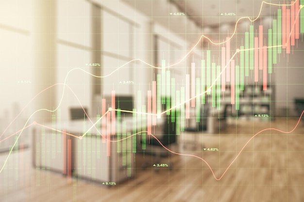 Multi-blootstelling van virtueel abstract financieel diagram op een modern ingericht kantoorinterieur achtergrondbank- en boekhoudconcept