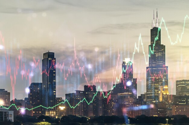 Multi blootstelling van virtuele abstracte financiële grafiek interface op Chicago stadsgezicht achtergrond financiële en handelsconcept