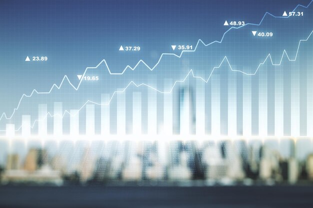 Multi-blootstelling van virtuele abstracte financiële grafiekinterface op wazig wolkenkrabbers achtergrond financieel en handelsconcept