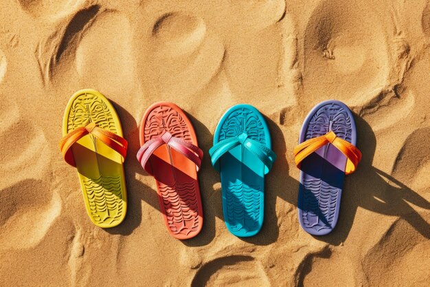 multi color flipflops on the beach sand top view summer vacation concept Generative AI