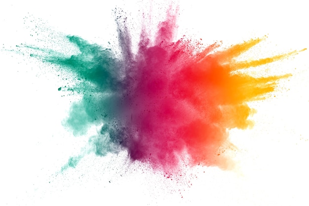 Photo multi color powder explosion on white background.