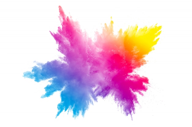 Multi color powder explosion on white background.