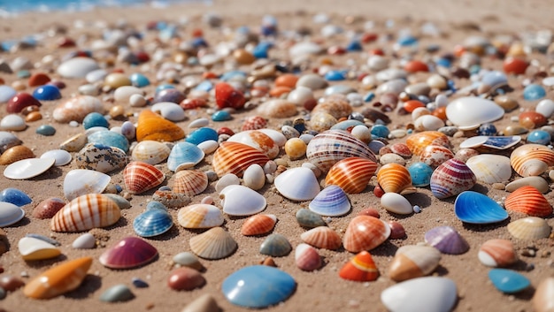 写真 ai が生成した砂海のビーチのマルチカラーの貝殻とカラフルな小石の壁紙デザイン