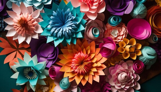 AI によって生成された華やかな形をしたマルチカラーの抽象的な花のデザインの背景イラスト