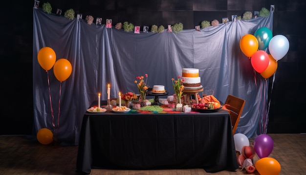 Multi colored balloons decorate the elegant banquet table for a celebration generated by artificial intelligence