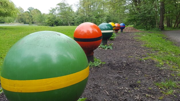 Multi colored balloons on field against trees