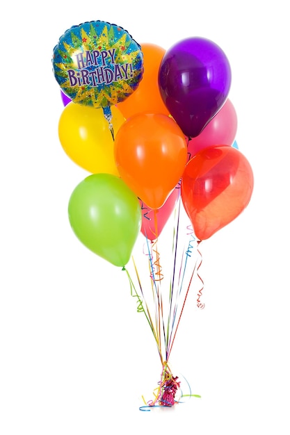 Photo multi colored balloons tied over white background