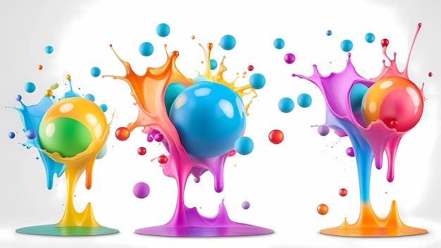 Multi colored balls in colorful liquid paint splash digital illustration