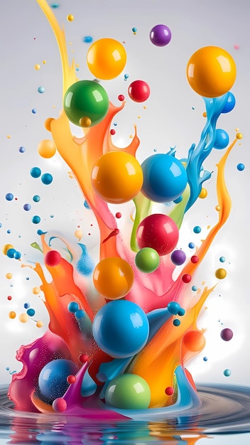 Multi colored balls in colorful liquid paint splash digital illustration