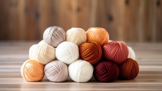 Foto palline multicolori, filo di cotone, tavolo di legno, palline di filato piegate