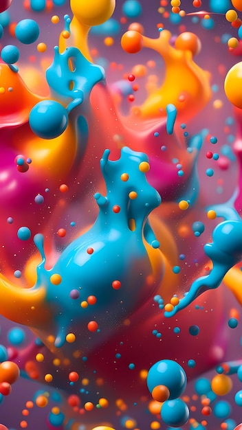Фото Разноцветные шарики в красочной жидкой краске, всплеск цифровой иллюстрации