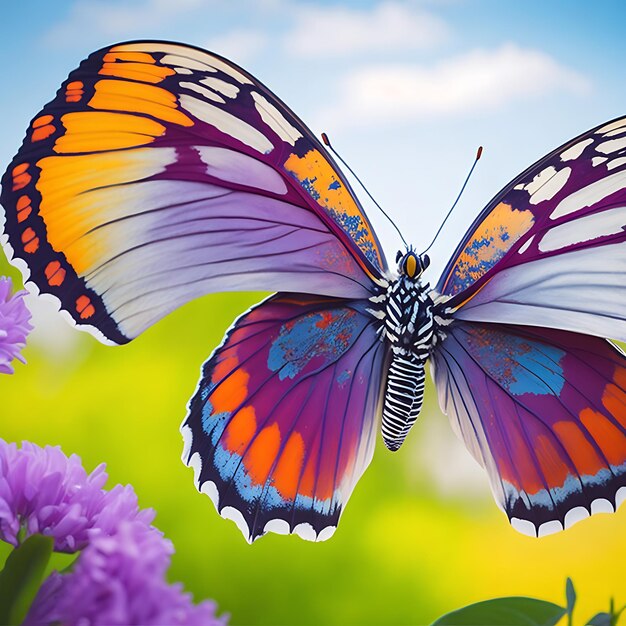 Multi colored beautiful butterfly playing on flower close up beauty generative ai