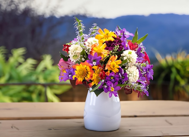 Multi colored bouquet of fresh flowers in a purple full white vase wooden background blurry mountain