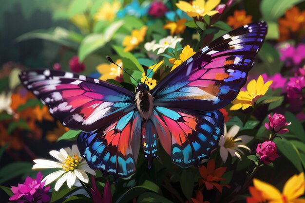 Photo multi colored butterfly flies among vibrant nature beauty