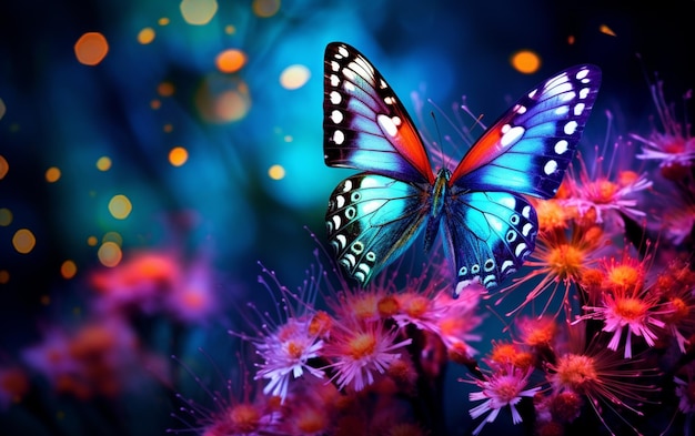 Multi colored butterfly flies among vibrant nature beauty