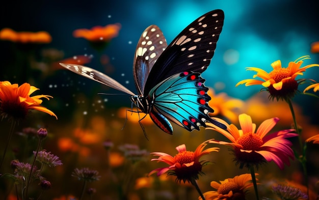 Multi colored butterfly flies among vibrant nature beauty