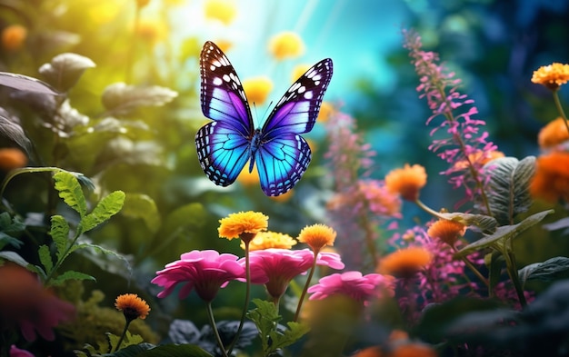 鮮やかな自然の美しさの中に色とりどりの蝶が飛ぶ