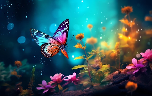 Multi colored butterfly flies among vibrant nature beauty