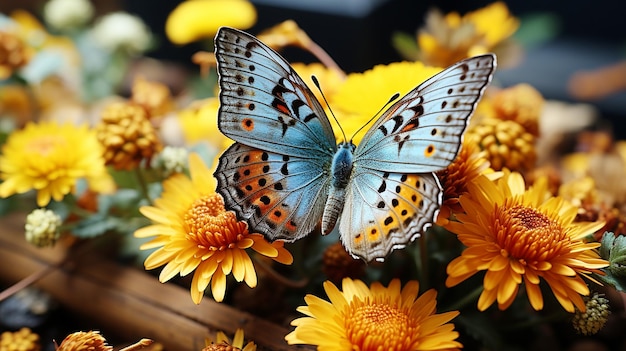 Multi colored butterfly on yellow flower close up beauty background