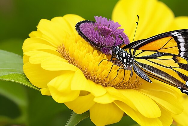 Multi colored butterfly on yellow flower close up beauty