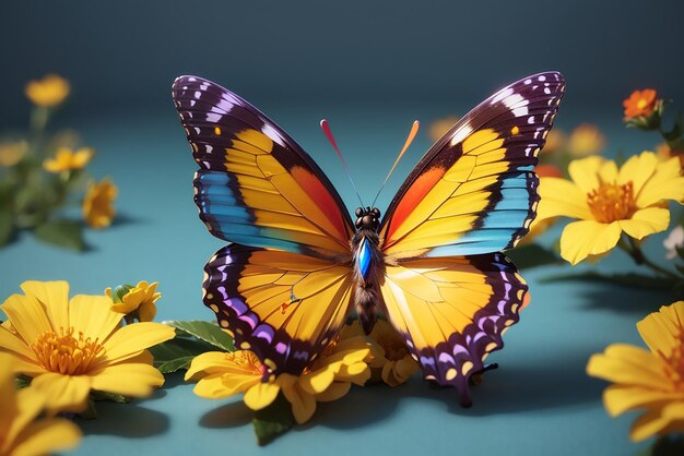 Multi colored butterfly on yellow flower close up beauty