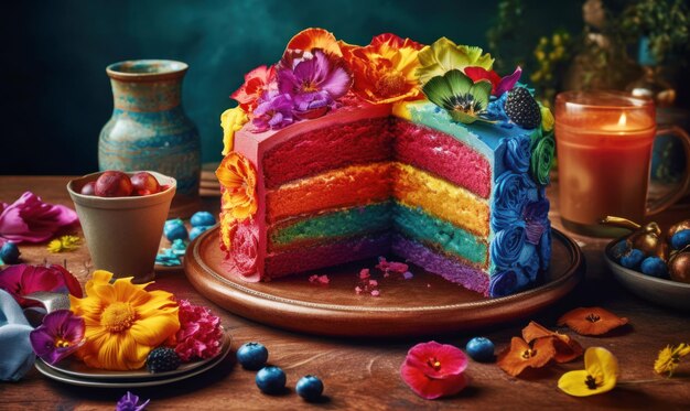 Multi colored cake with slice cut out of it on plate Generative AI