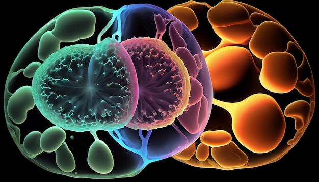 Multi colored cancer cells in high scale magnification generated by AI