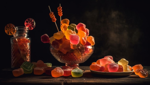 인공 지능에 의해 생성된 나무 테이블 위의 그릇에 다양한 색상의 사탕 컬렉션이 있습니다.