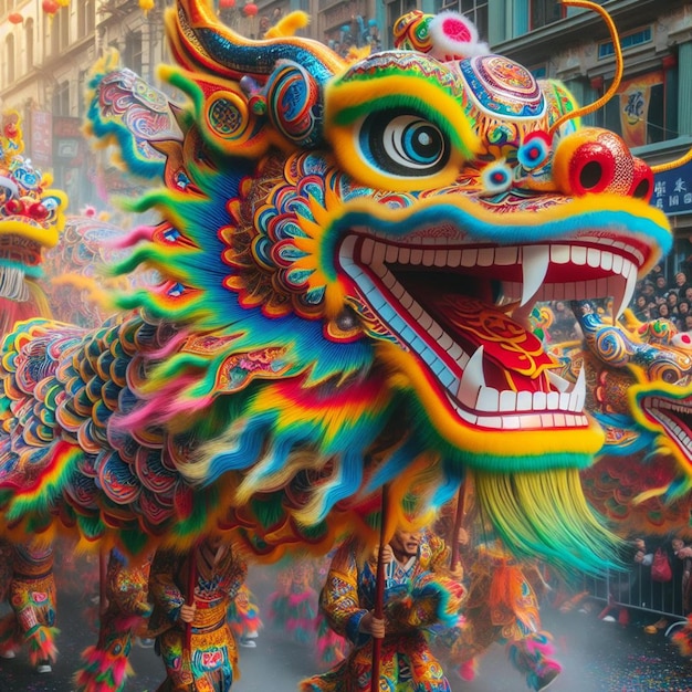 Multi colored dragon dances through traditional parade Chinese New Year 2024 generated by AI