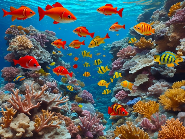 AIによって生成された活気のあるサンゴ礁で泳ぐ多色の魚
