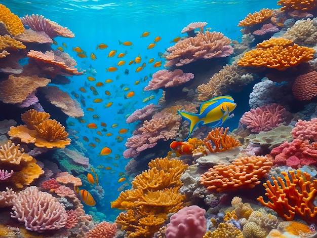 Multi colored fish swimming in a vibrant coral reef generated by ai