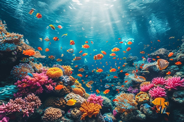 鮮やかなサンゴ礁を泳ぐ色とりどりの魚たち