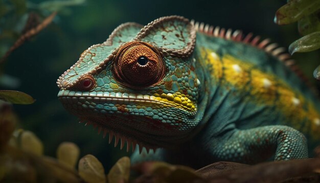 인공 지능에 의해 생성된 선택적 초점을 사용하여 카메라를 보고 있는 열대 우림의 다양한 색상의 도마뱀