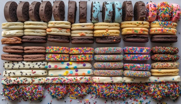 Photo multi colored gourmet cookies stacked in a large heap on table generated by ai