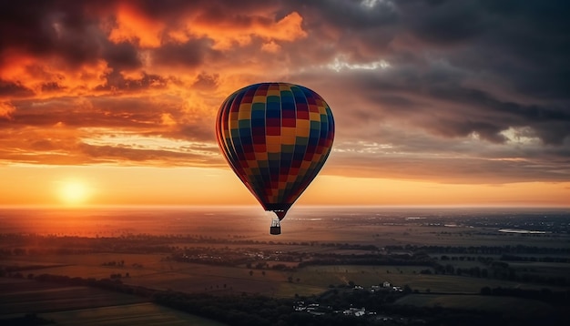 Multi colored hot air balloon soars high above vibrant landscape generated by artificial intelligence