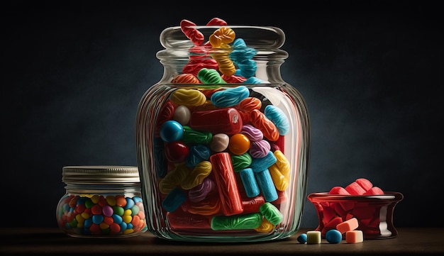 Multi colored jar of medicine capsules and candy generative AI