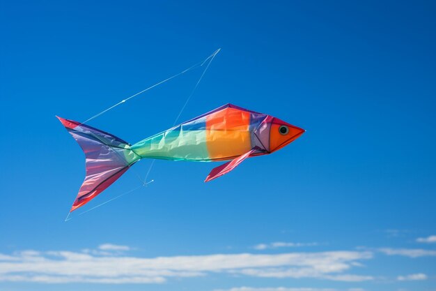 Photo multi colored kite flying high in the blue sky