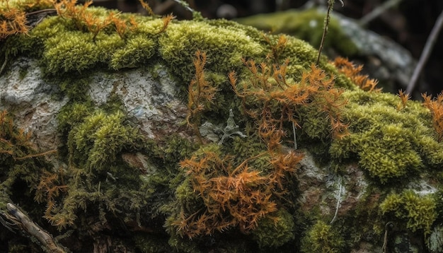 Multi colored leaves on old tree trunk in autumn forest generated by artificial intelligence