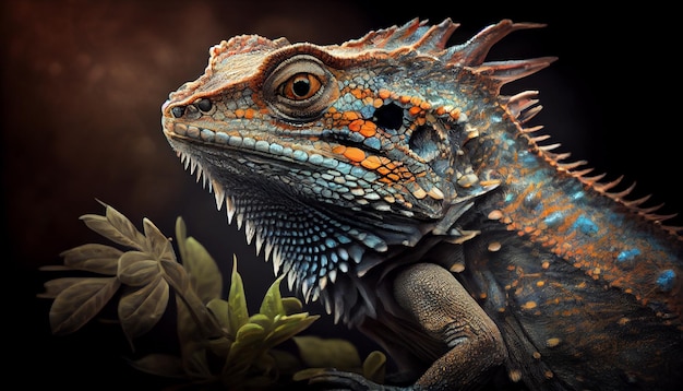 Multi colored lizard horned portrait in tropical forest generated by AI