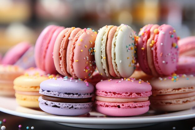 Multi colored macaroons in plate shot on table