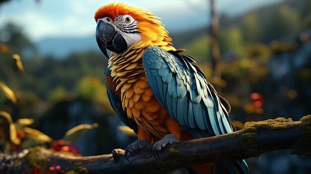 Multi colored macaw perching on branch in tropical forest