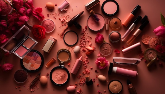 A multi colored palette of beauty products for a glamorous look generated by AI