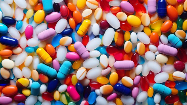 multi colored pills spill abstract pattern of addiction