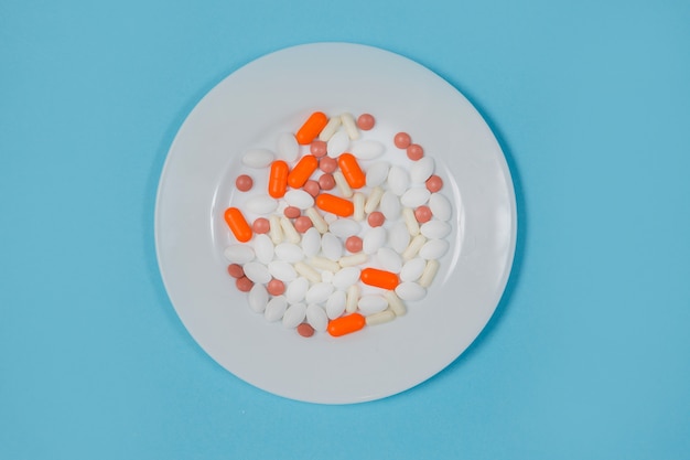 Multi-colored pills in a white plate