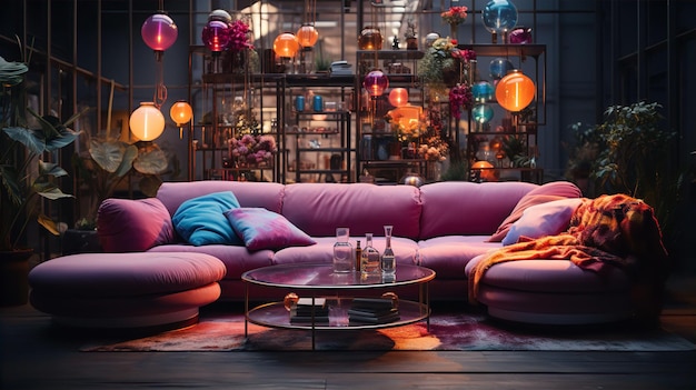 Разноцветный диван в комнате с красно-фиолетовым освещением