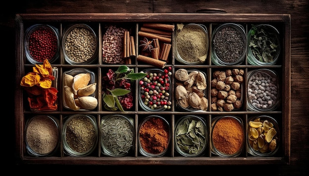 Photo multi colored spice collection in wooden bowl offers healthy seasoning variety generated by artificial intelligence