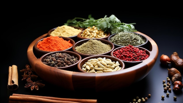 Multi colored spice collection in wooden bowl offers healthy